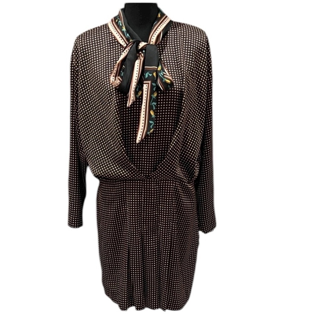 Zara Black and Beige Long Sleeve polka dot Dress with attached scarf size XL